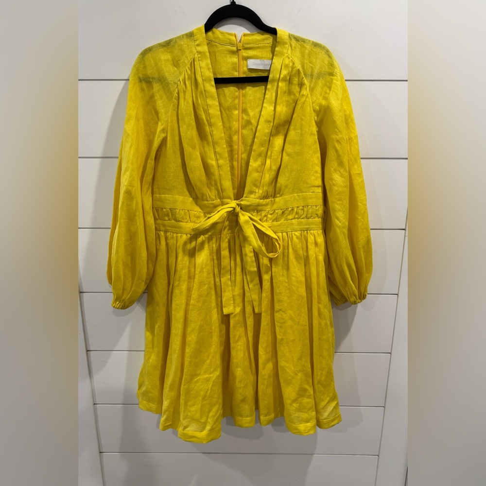 Zimmermann yellow linen Shelly plunge bow mini dress - Picture 6 of 14